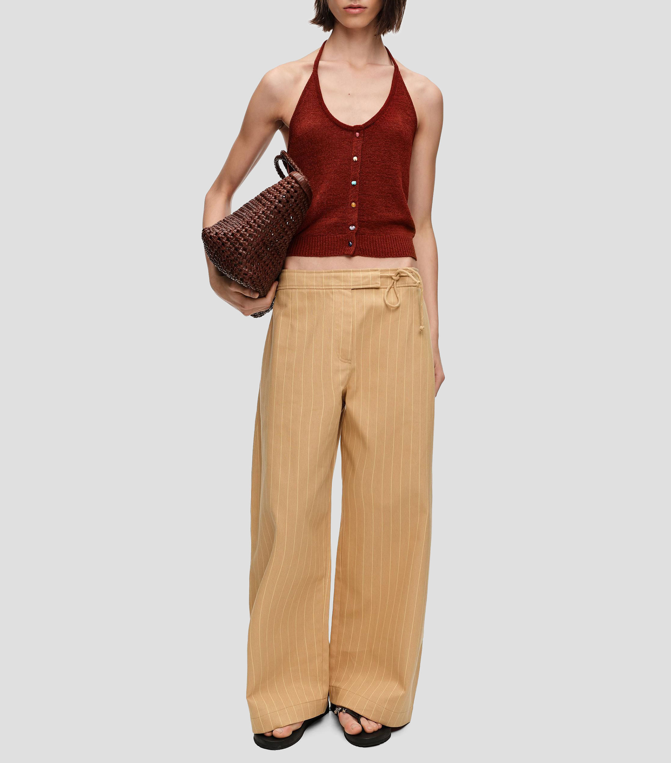 Pantalón barrel tobillero rayas ocre Mujer